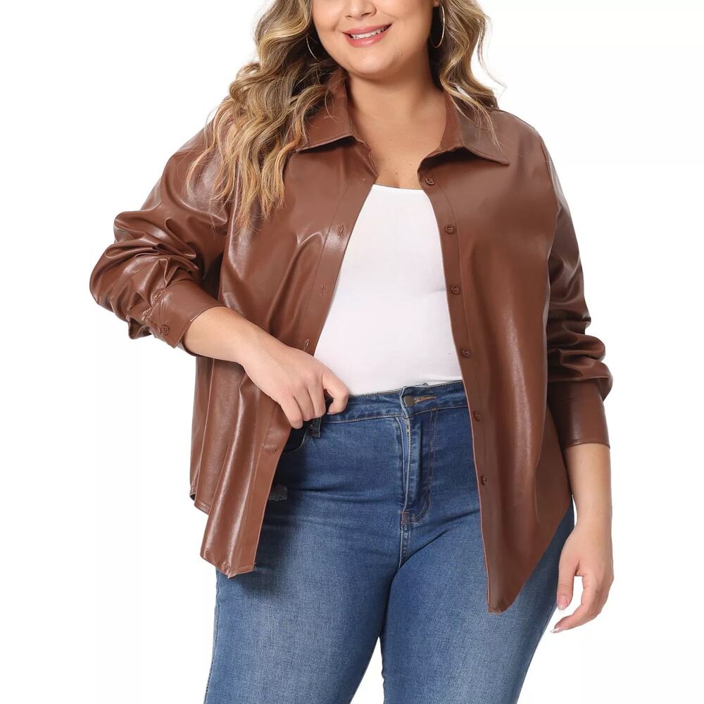 Plus Size XL Faux Leather Long Sleeves Snap Button Motorcycle Coat Jacket